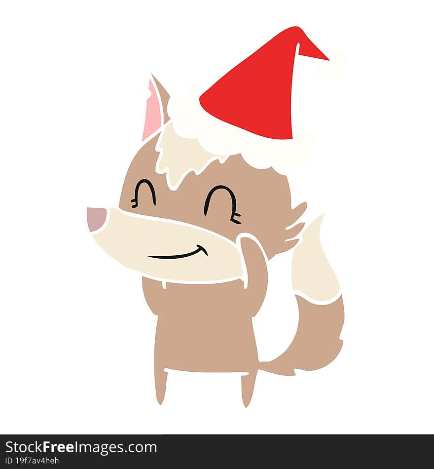 friendly flat color illustration of a wolf wearing santa hat