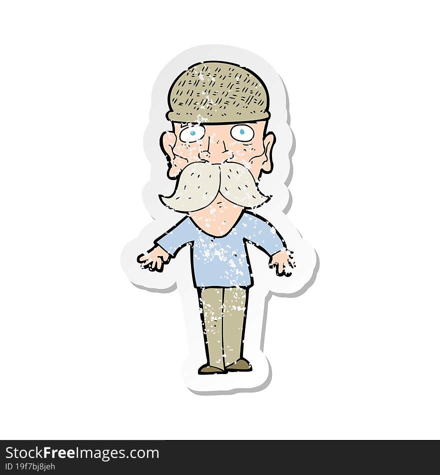 retro distressed sticker of a cartoon man wearing winter hat