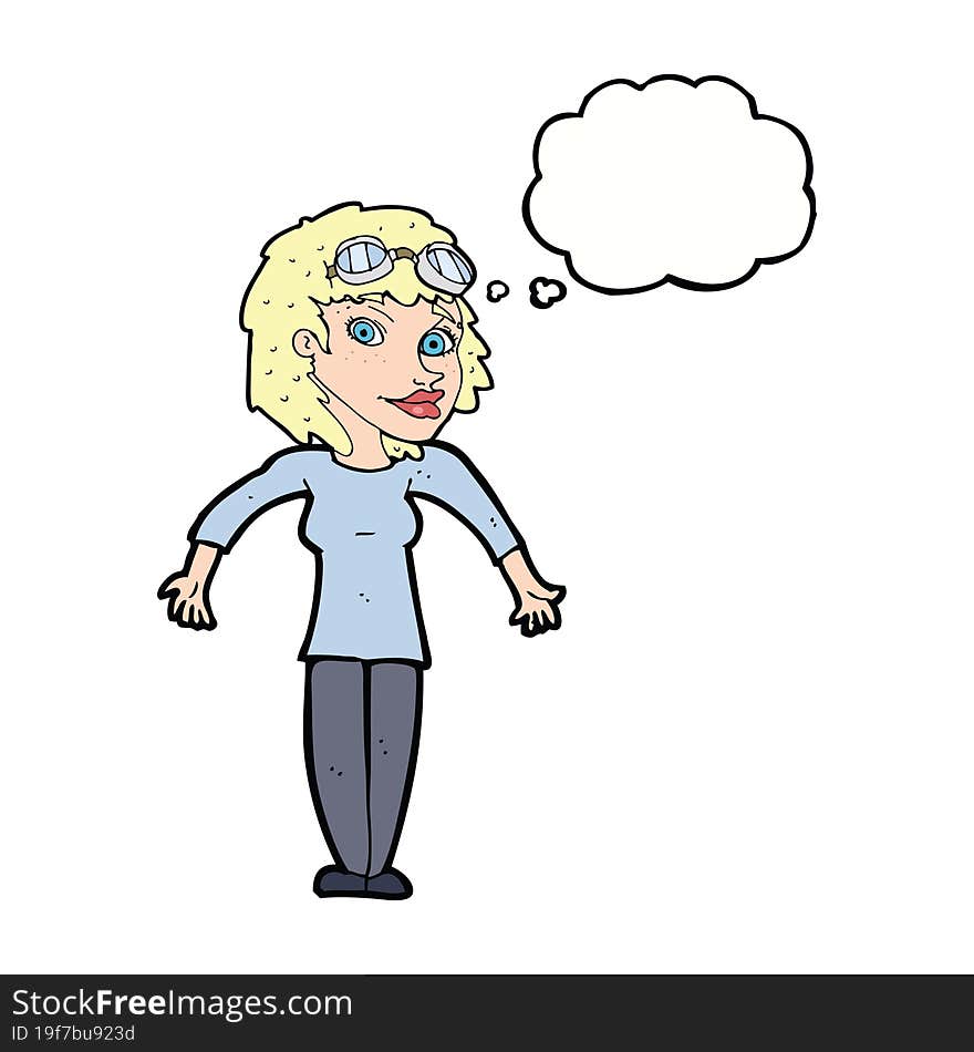 cartoon woman wearing goggles with thought bubble