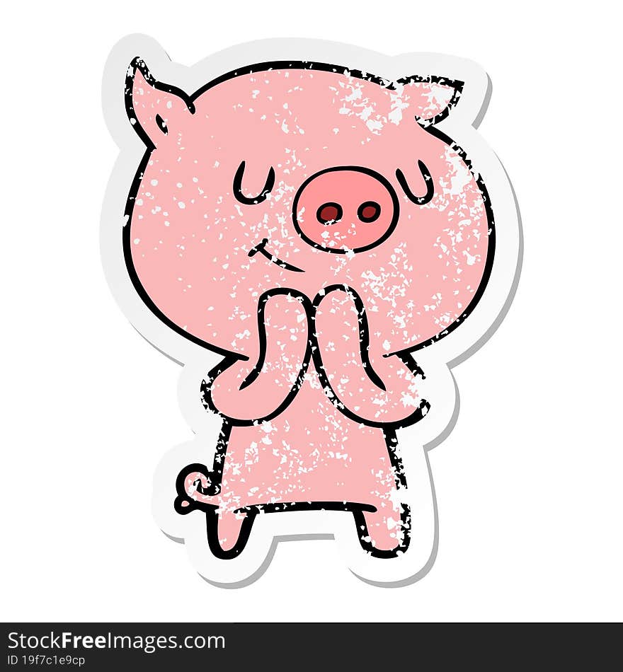 distressed sticker of a happy cartoon pig