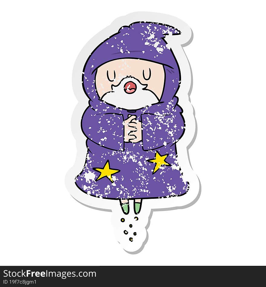 Distressed Sticker Of A Cartoon Floating Wizard