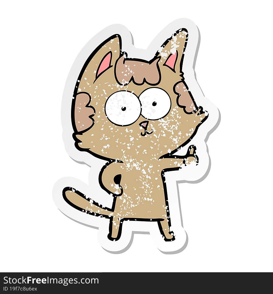 distressed sticker of a happy cartoon cat