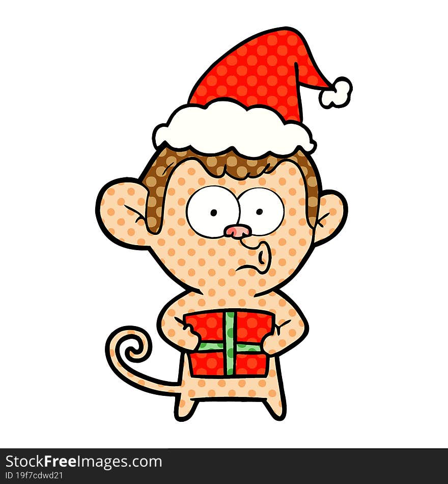 comic book style illustration of a christmas monkey wearing santa hat