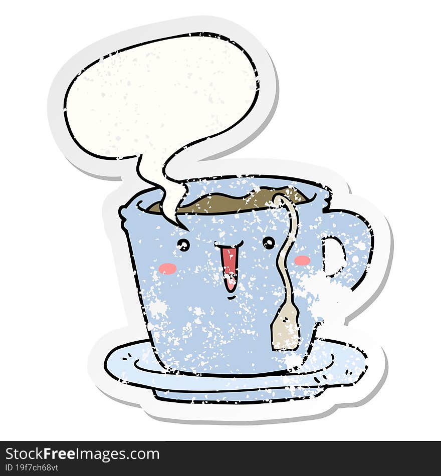 Cute Cartoon Cup And Saucer And Speech Bubble Distressed Sticker