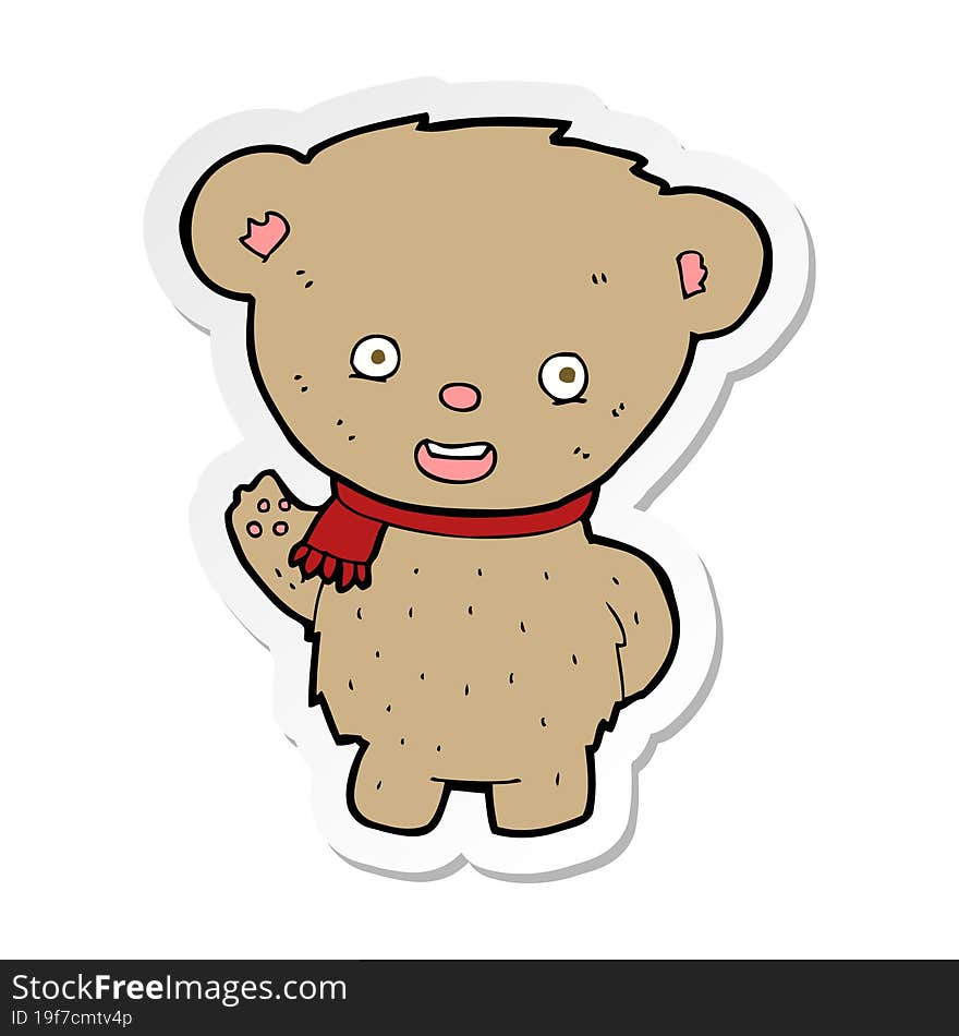 Sticker Of A Cartoon Teddy Bear Waving