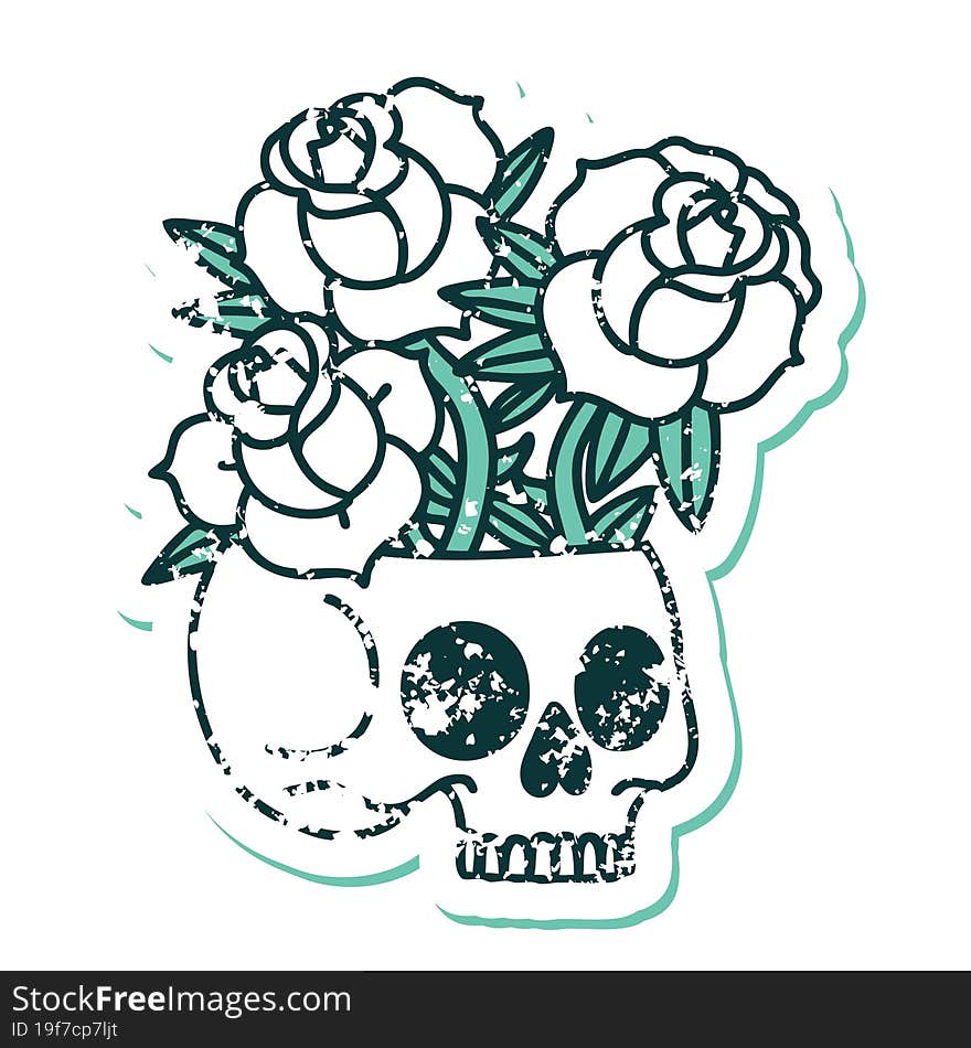 distressed sticker tattoo style icon of a skull and roses