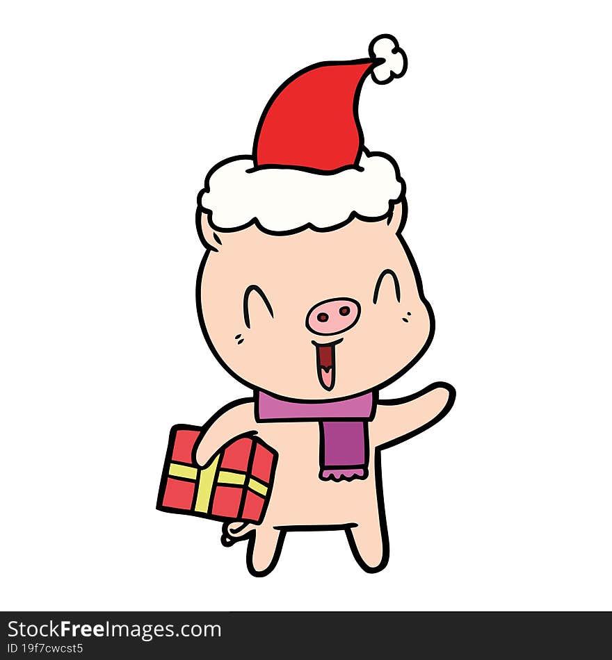 happy line drawing of a pig with xmas present wearing santa hat