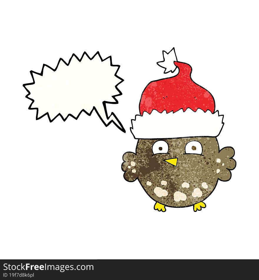 speech bubble textured cartoon owl wearing christmas hat