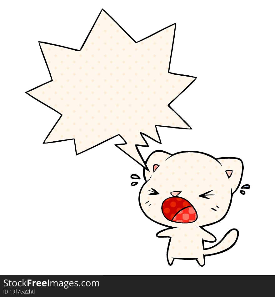 cute cartoon cat crying and speech bubble in comic book style