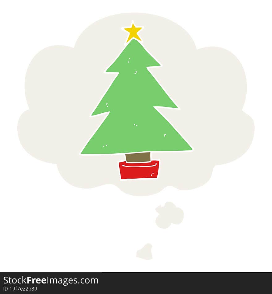 cartoon christmas tree and thought bubble in retro style