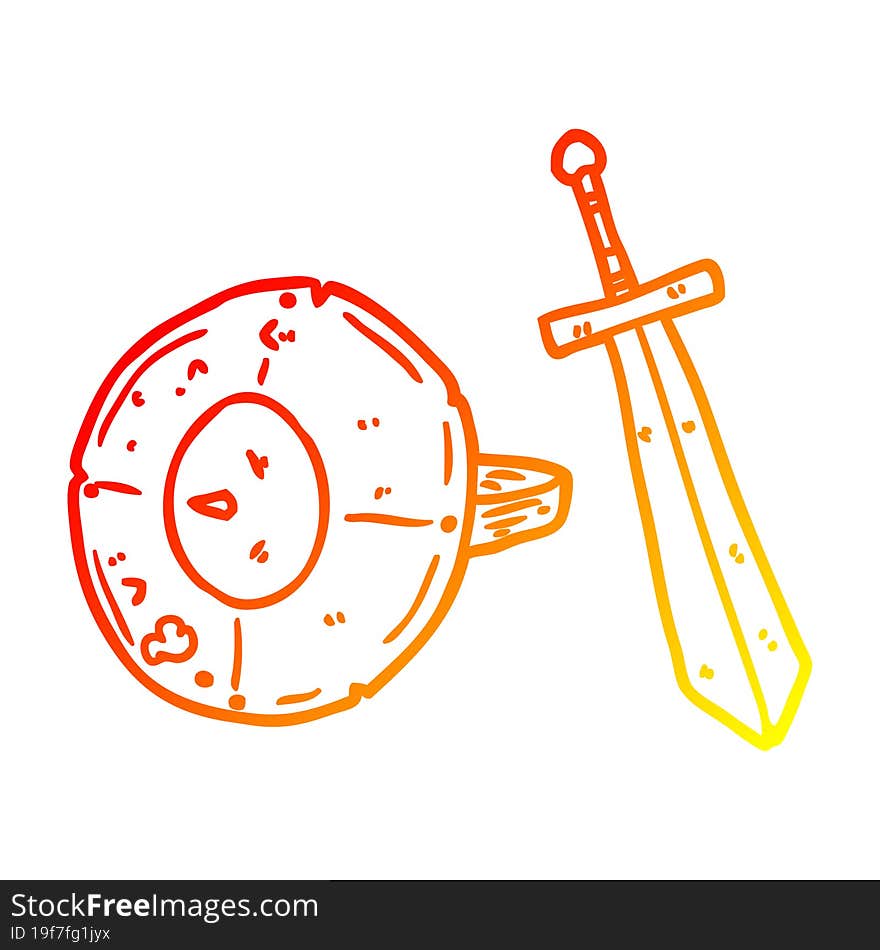 warm gradient line drawing old gladiator shield and sword