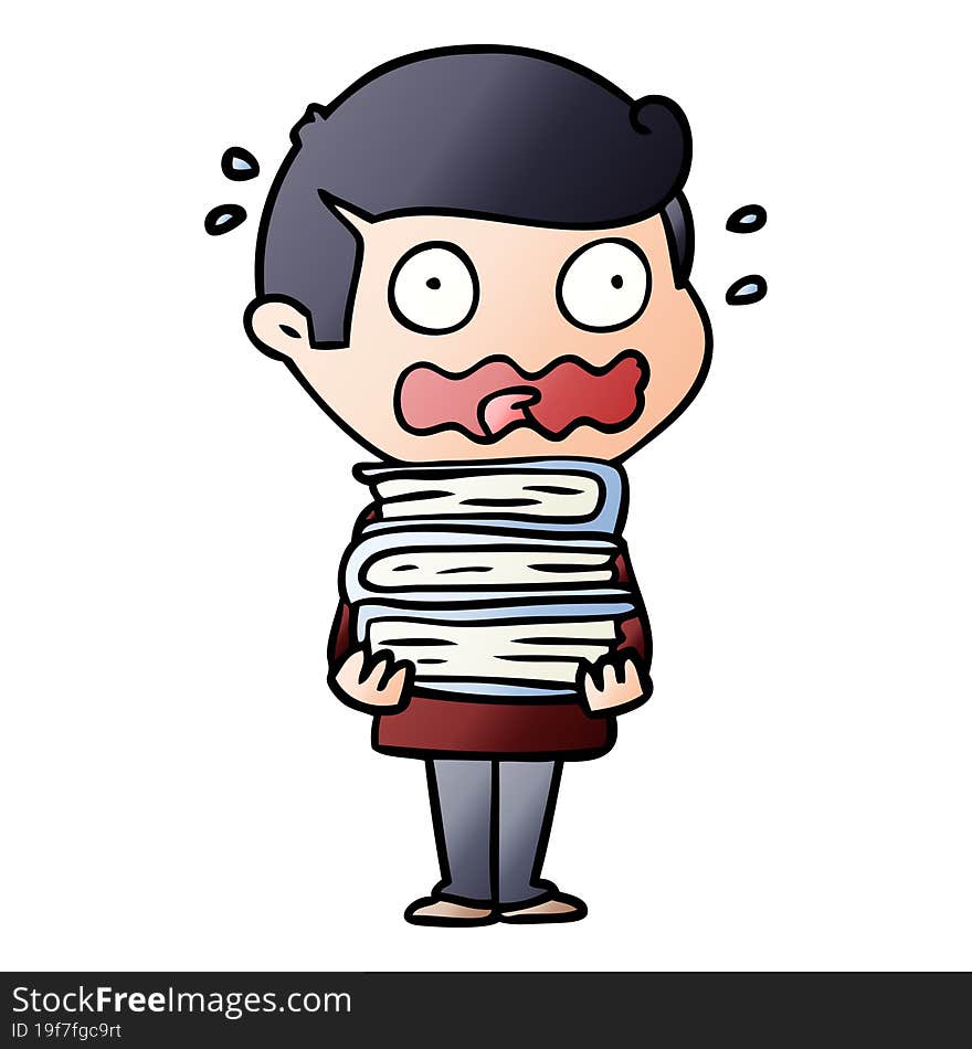 cartoon man with books totally stressed out. cartoon man with books totally stressed out