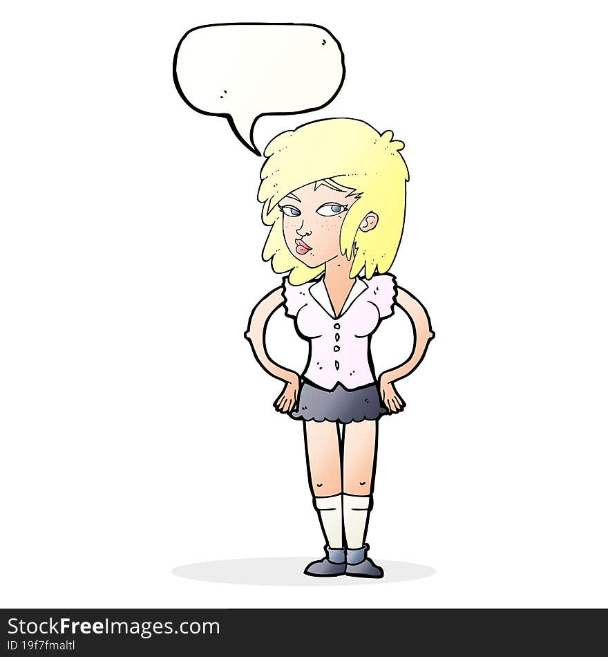 cartoon pretty woman with hands on hips with thought bubble