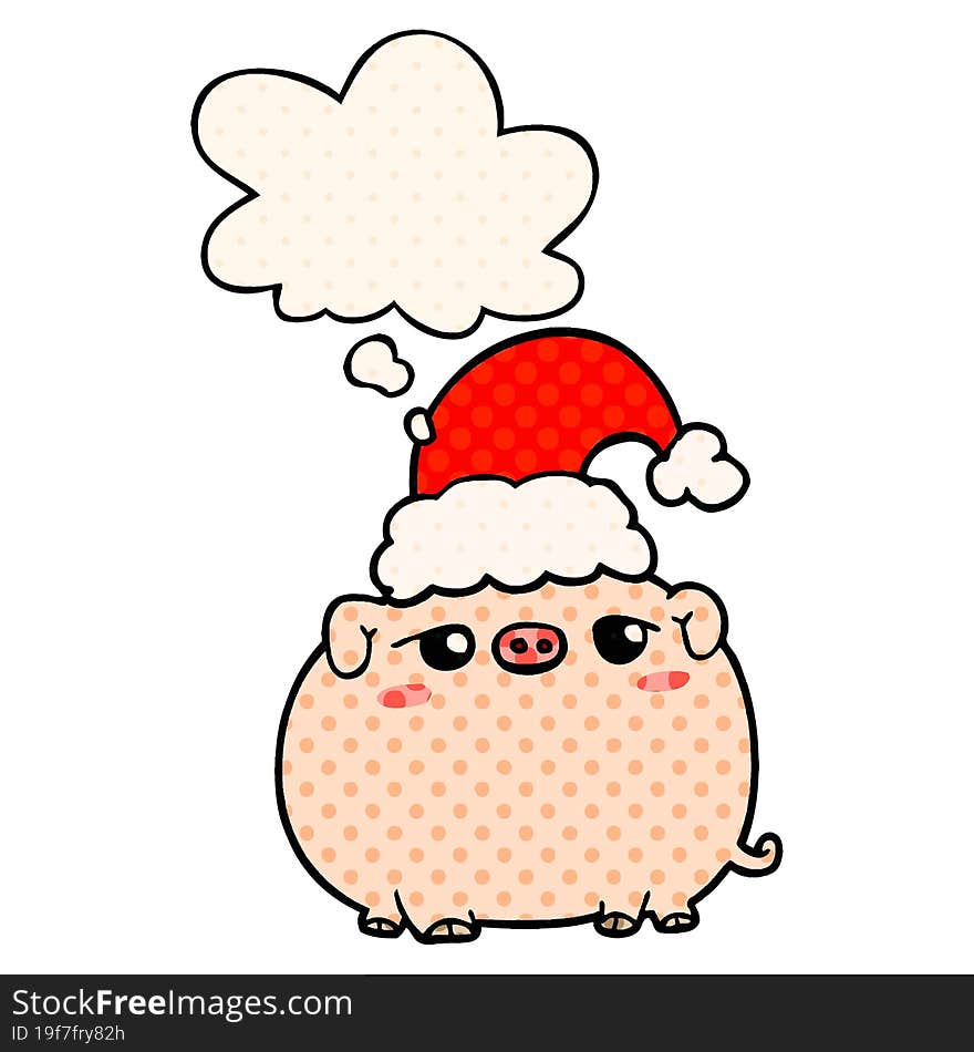 cartoon pig wearing christmas hat and thought bubble in comic book style