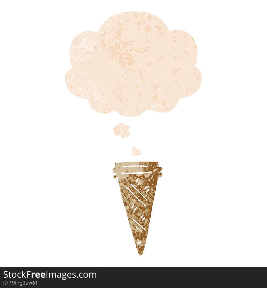 cartoon ice cream cone and thought bubble in retro textured style