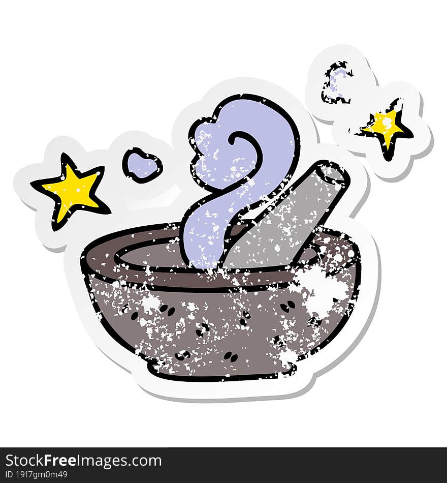 Distressed Sticker Of A Quirky Hand Drawn Cartoon Magic Pestle And Mortar