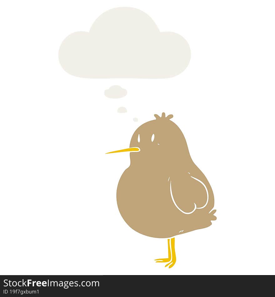 cartoon kiwi bird with thought bubble in retro style