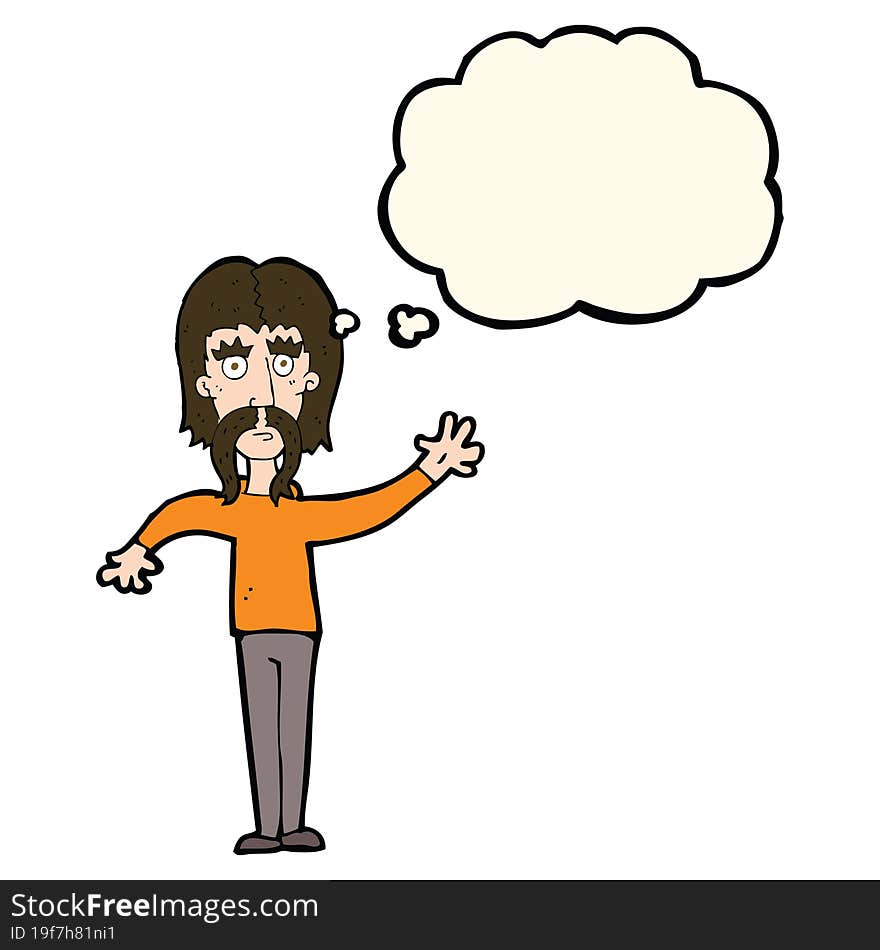 cartoon waving man with mustache with thought bubble