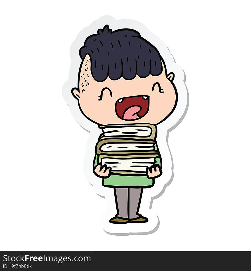 sticker of a cartoon happy boy with new books