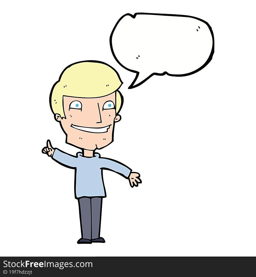 cartoon grinning man with idea with speech bubble