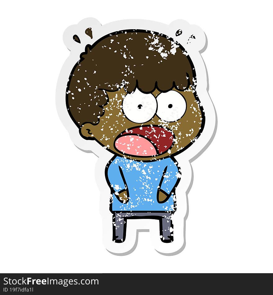 distressed sticker of a cartoon shocked man