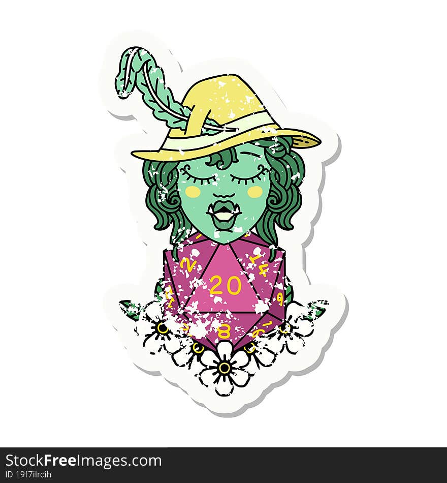 Half Orc Bard With Natural Twenty Dice Roll  Grunge Sticker