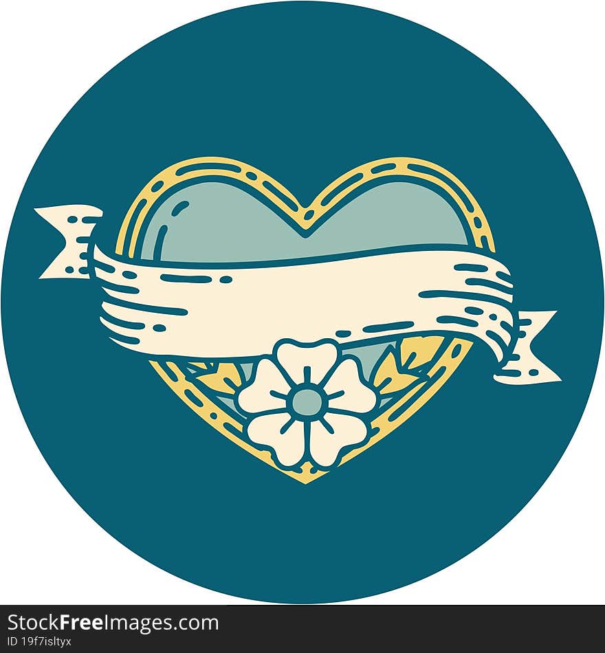 iconic tattoo style image of a heart and banner with flowers. iconic tattoo style image of a heart and banner with flowers