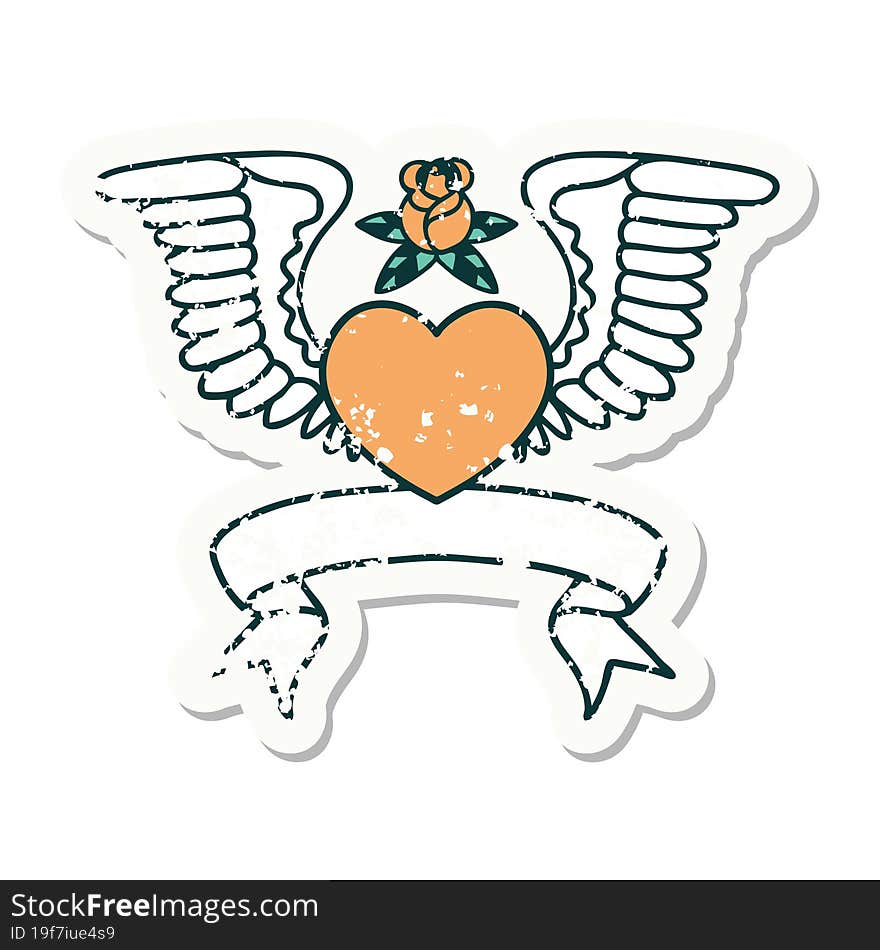 grunge sticker with banner of a heart with wings