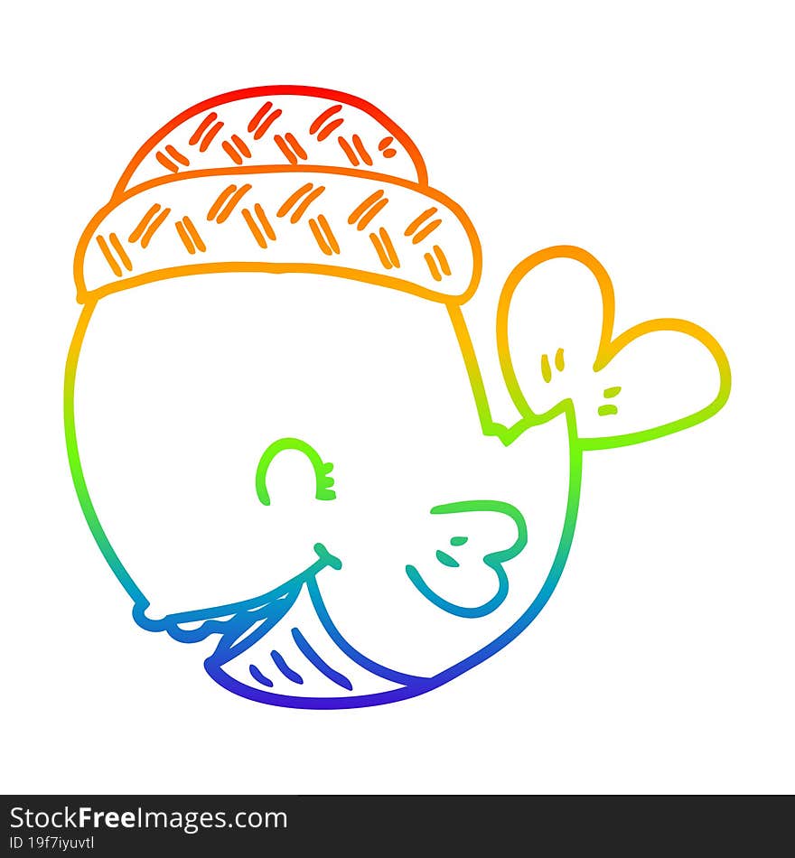 rainbow gradient line drawing cartoon whale wearing hat