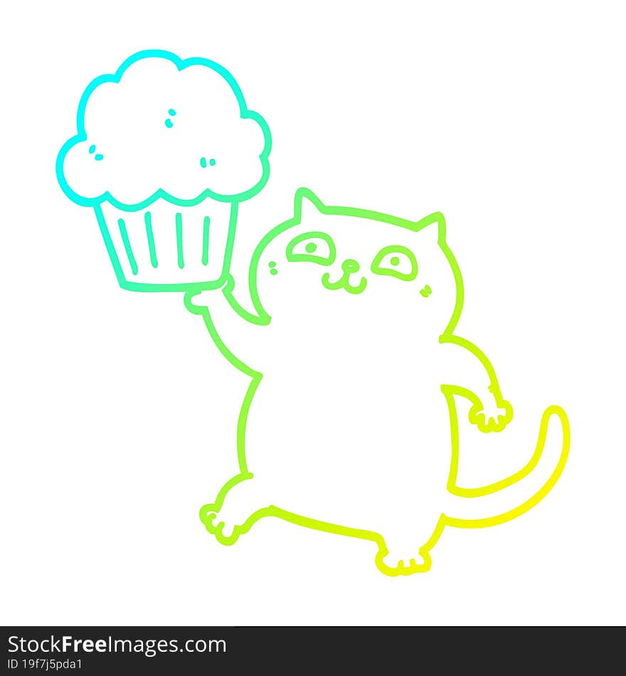 cold gradient line drawing cartoon cat with cupcake