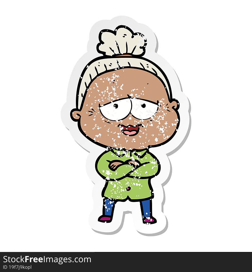 distressed sticker of a cartoon happy old lady