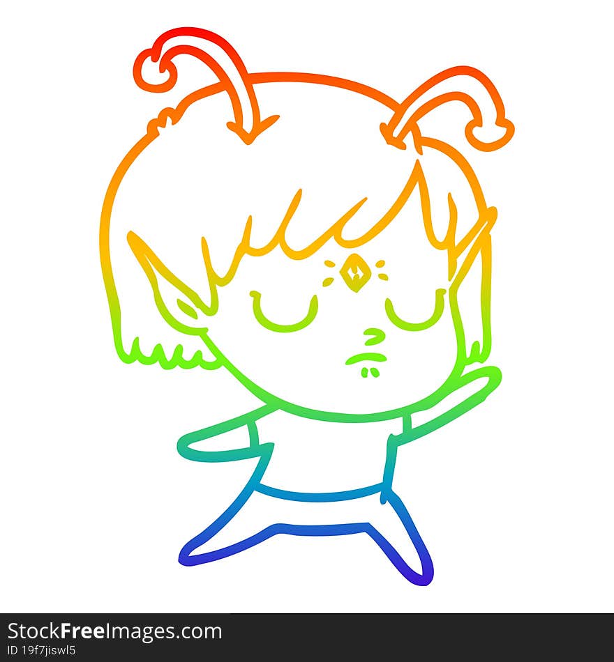 rainbow gradient line drawing of a cartoon alien girl