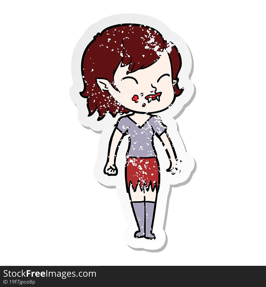 distressed sticker of a cartoon vampire girl with blood on cheek