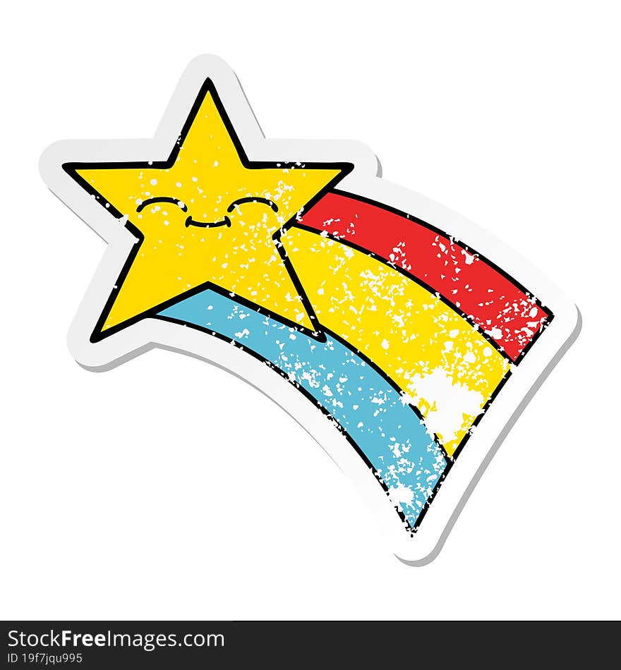 distressed sticker of a cute cartoon shooting rainbow star