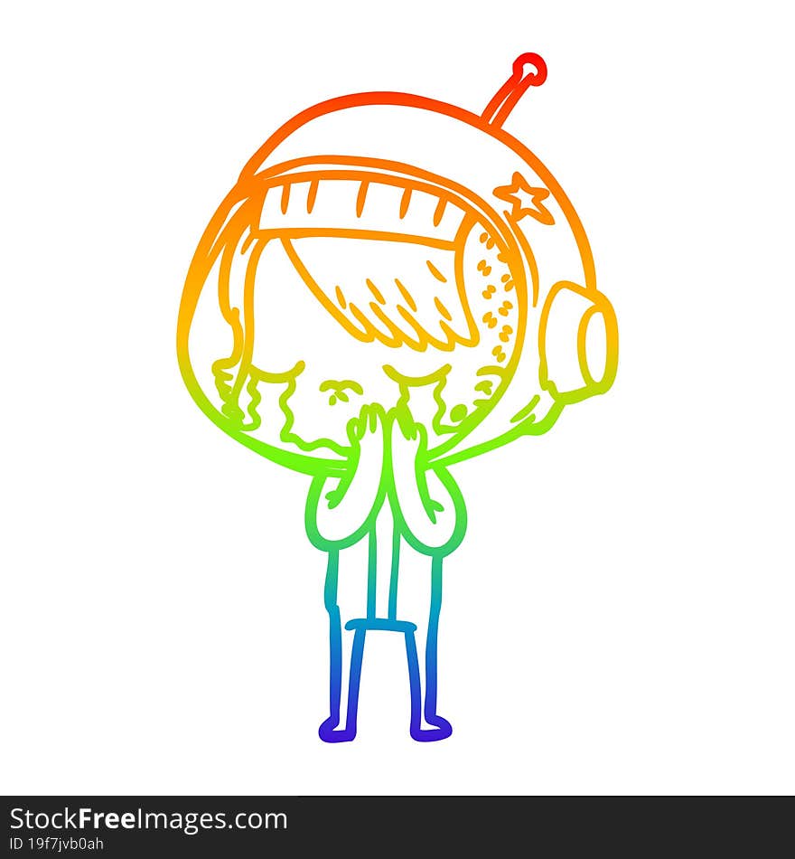 rainbow gradient line drawing cartoon crying astronaut girl