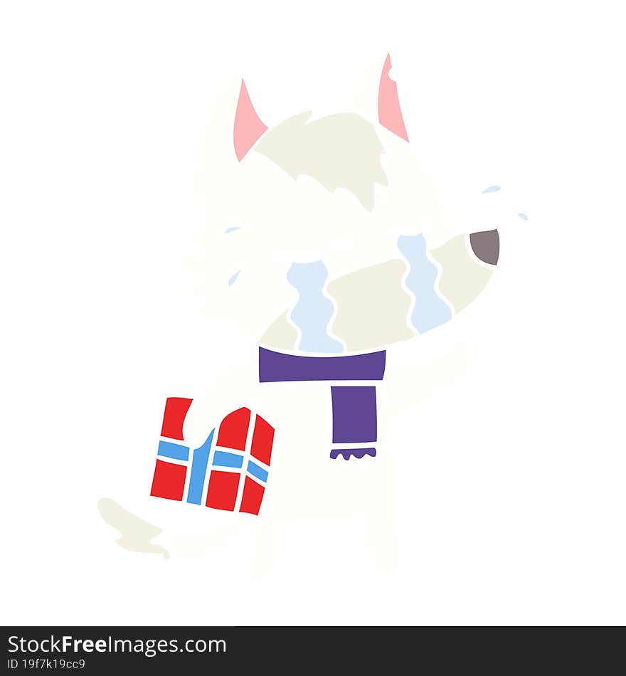 flat color style cartoon crying wolf with christmas present