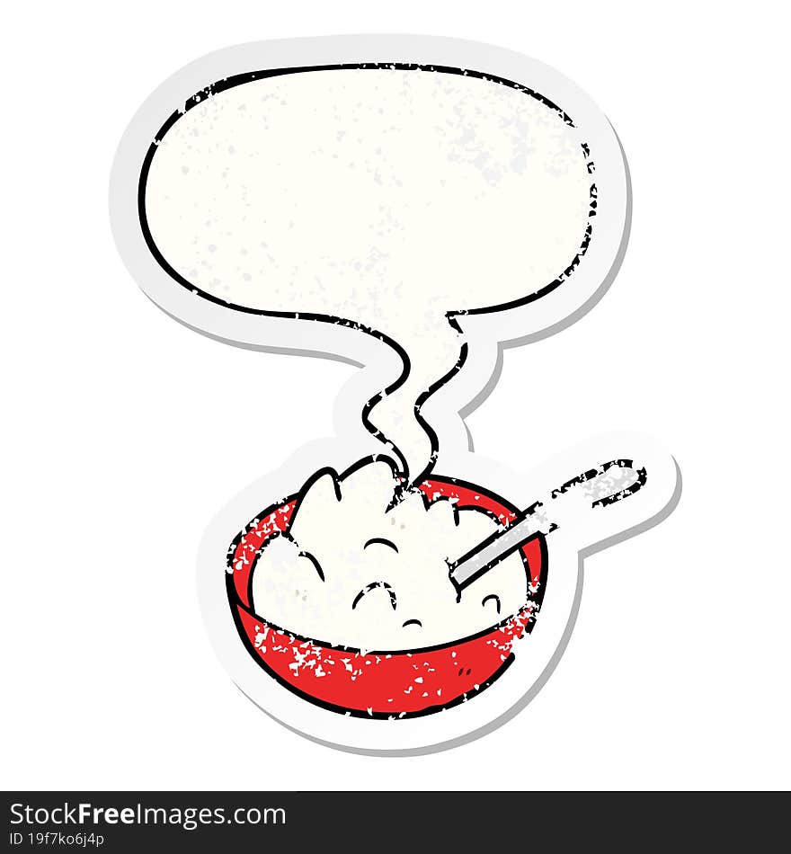 cartoon bowl of porridge and speech bubble distressed sticker