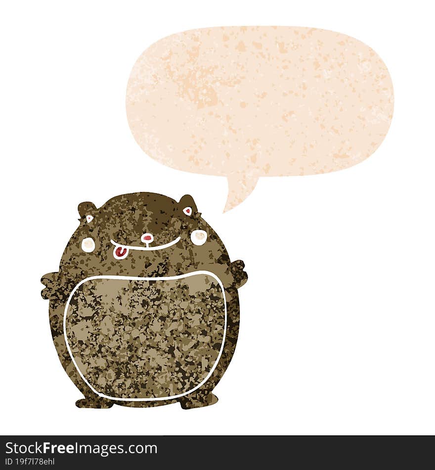 cartoon fat bear and speech bubble in retro textured style