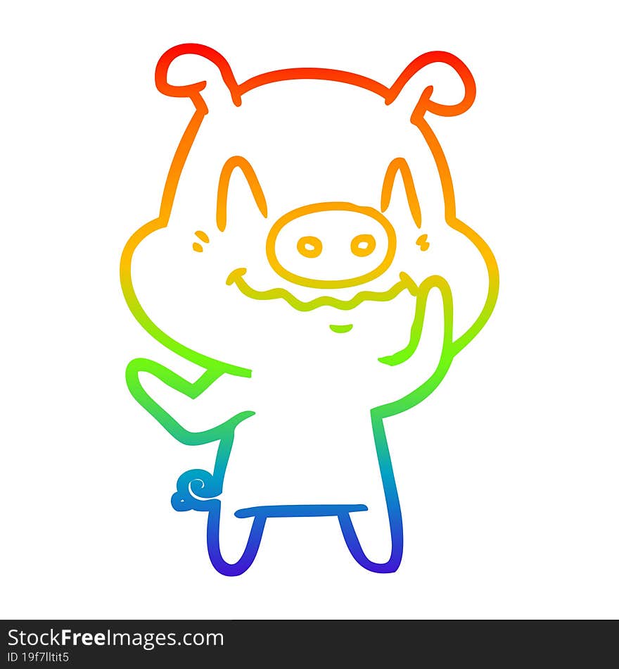 rainbow gradient line drawing of a nervous cartoon pig