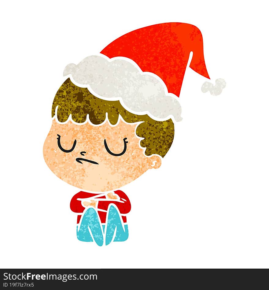 retro cartoon of a grumpy boy wearing santa hat