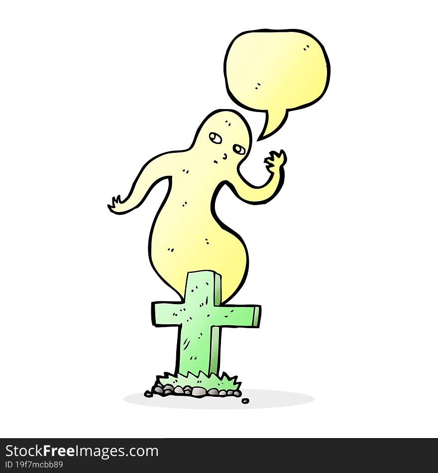 cartoon ghost rising from grave with speech bubble