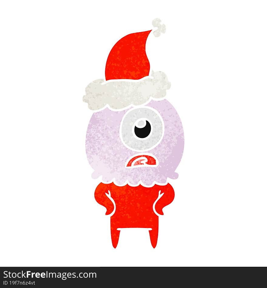 retro cartoon of a cyclops alien spaceman wearing santa hat