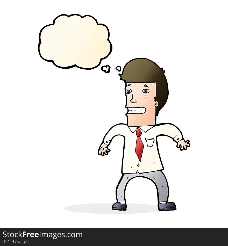 cartoon nervous businessman with thought bubble