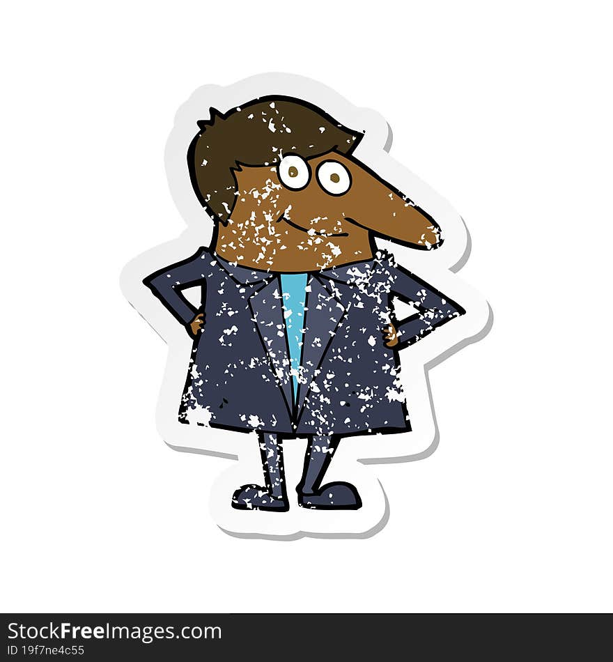 retro distressed sticker of a cartoon happy man in suit