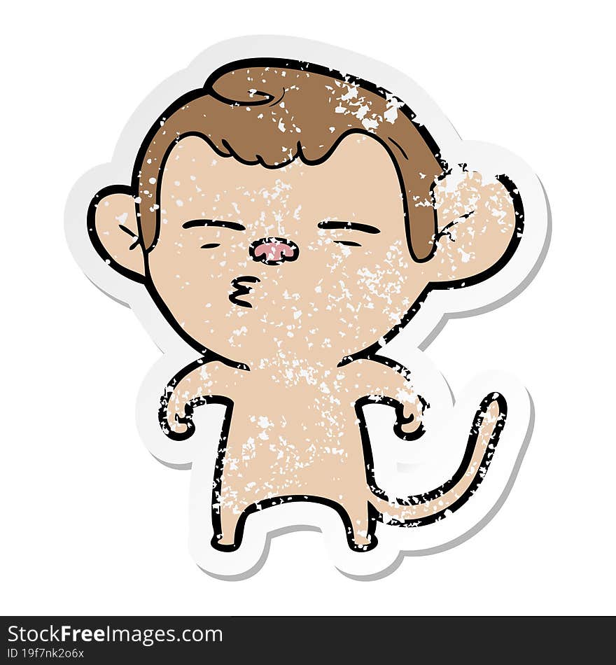 distressed sticker of a cartoon suspicious monkey