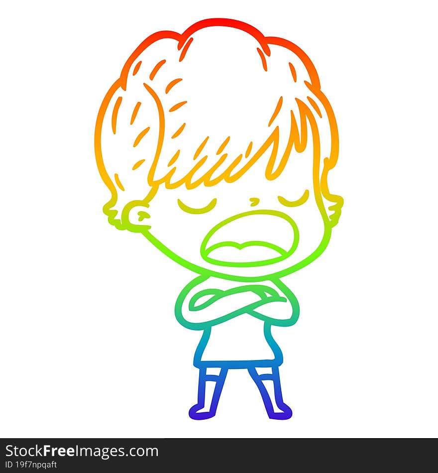 rainbow gradient line drawing of a cartoon woman talking