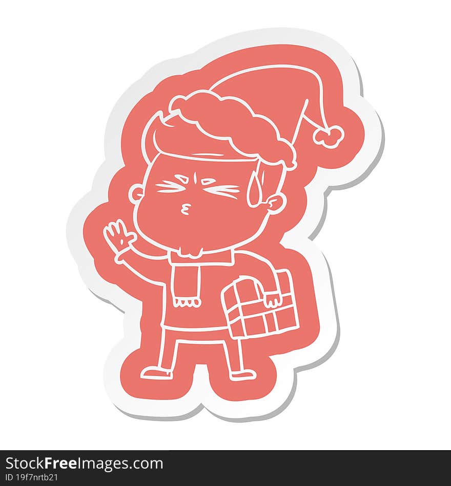 cartoon  sticker of a man sweating wearing santa hat