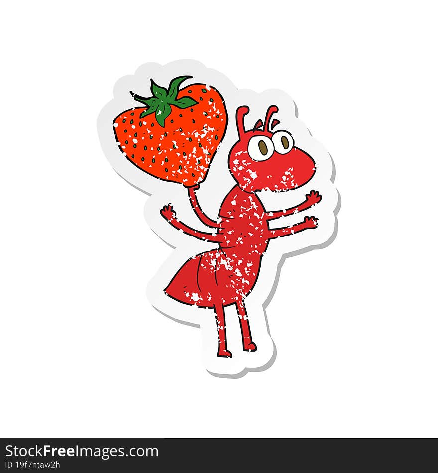 Retro Distressed Sticker Of A Cartoon Ant Carrying Food