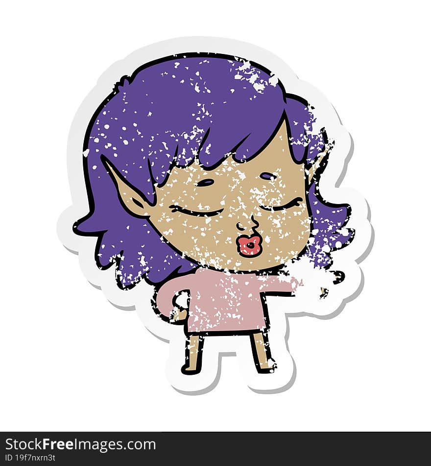 distressed sticker of a pretty cartoon elf girl pointing