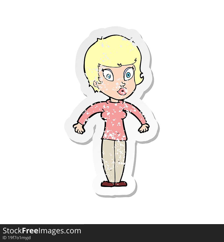 retro distressed sticker of a cartoon woman shrugging shoulders